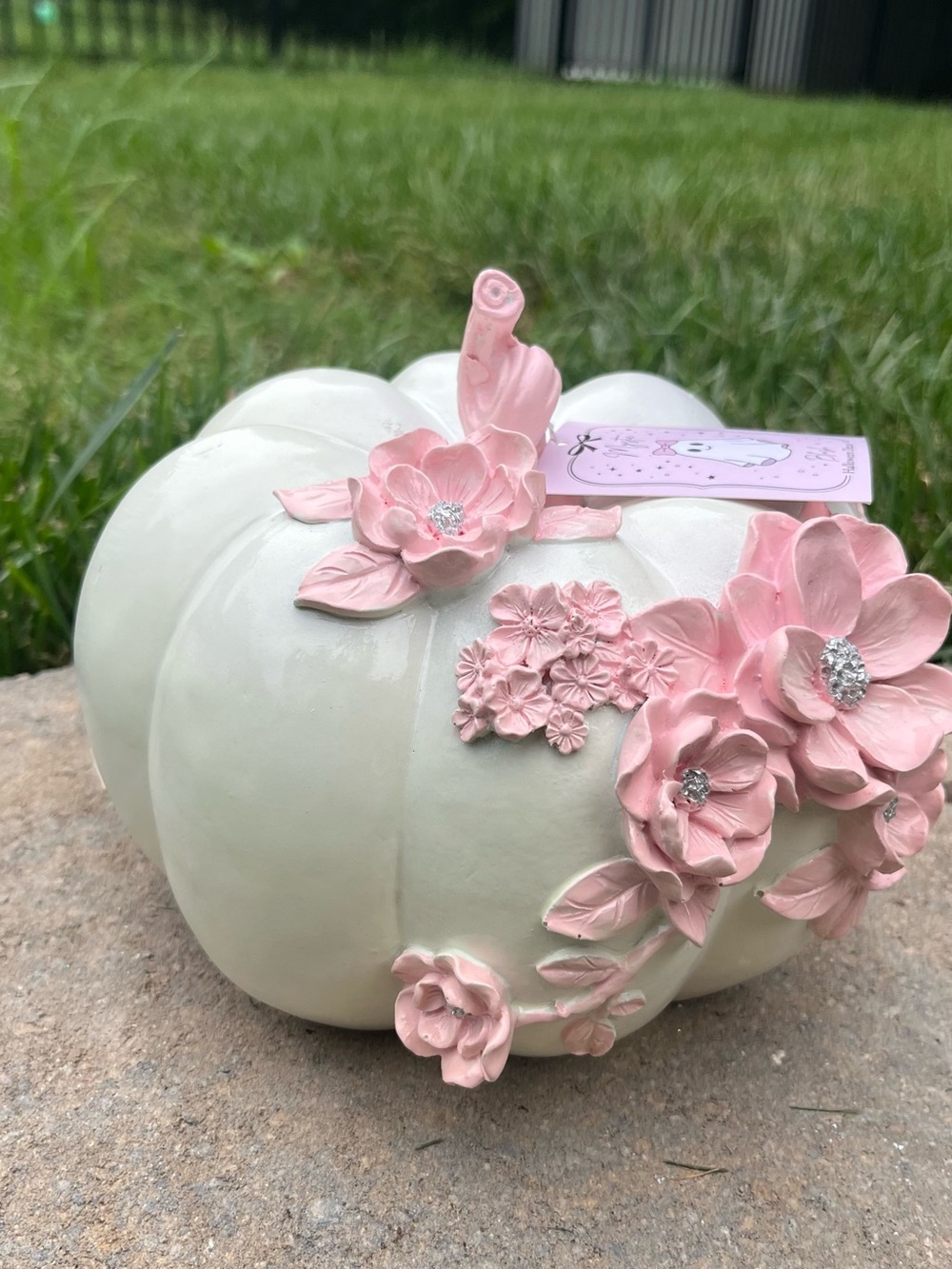 Delicate White Ceramic Pumpkin with Pink Floral Accents